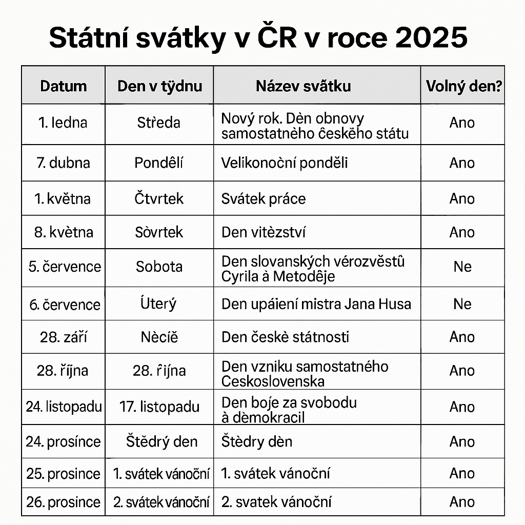 Státní svátky v ČR v roce 2025: Kompletní přehled